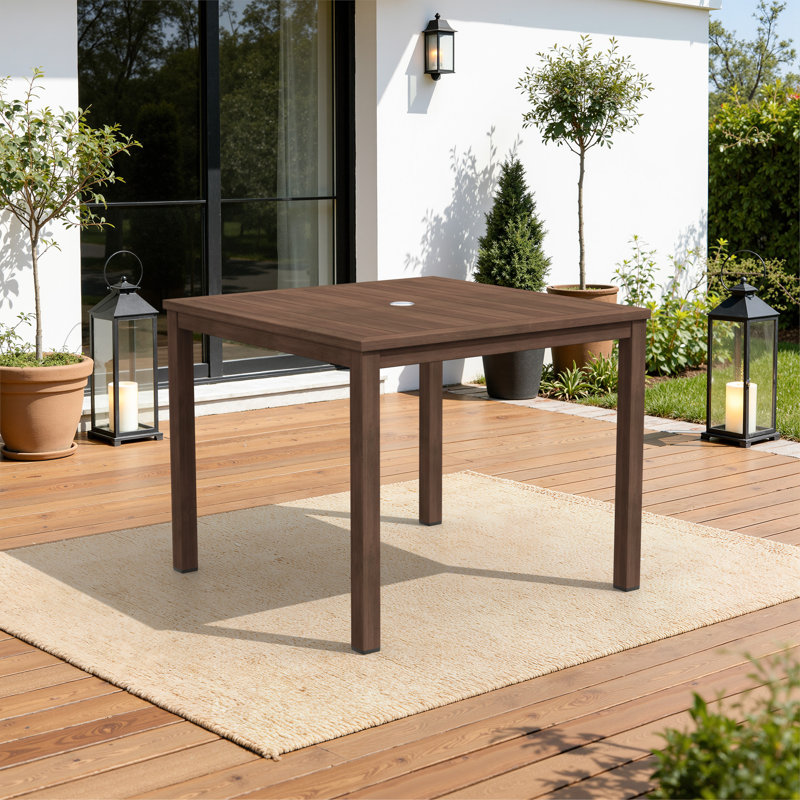 Table de salle à manger d'extérieur 35,5 po carrée en acier avec trou pour parasol