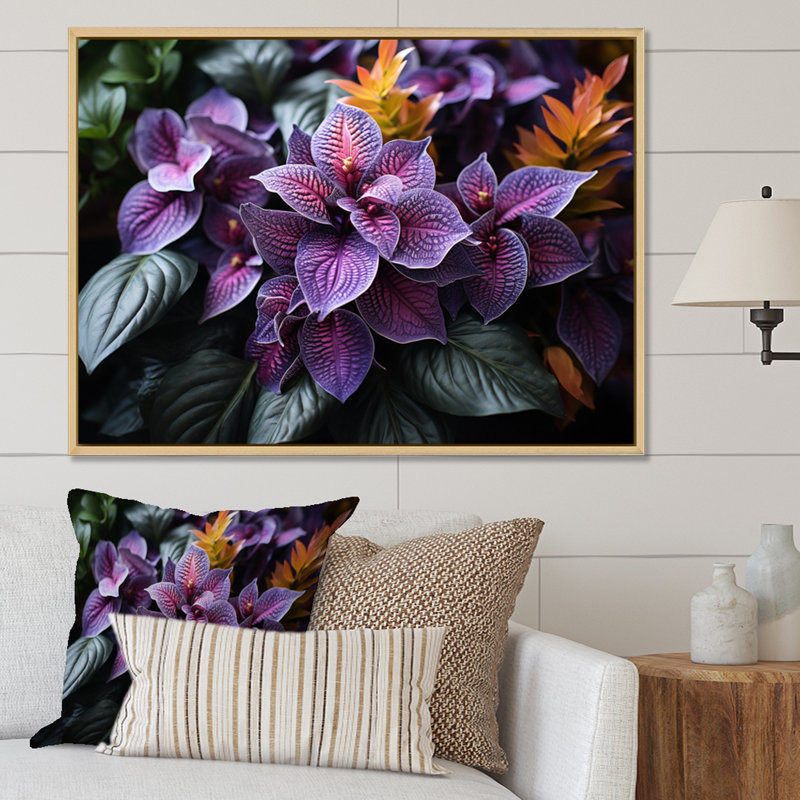 Plantes tropicales mauves sur toile, H 30 po x l 40 po x P 1,5 po, Cadre naturel flottant