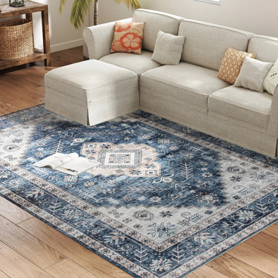 Tapis rétro de 6 pi x 9 pi, tapis antidérapant en fausse fourrure de flanelle bleue, lavable à la machine, pour le salon, la chambre à coucher et la salle à manger
