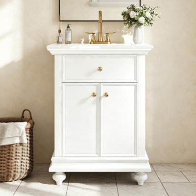Meuble-lavabo moderne de 24 po avec tiroir basculant, tablette réglable, structure ouverte au dos, pieds tournés en boule, blanc