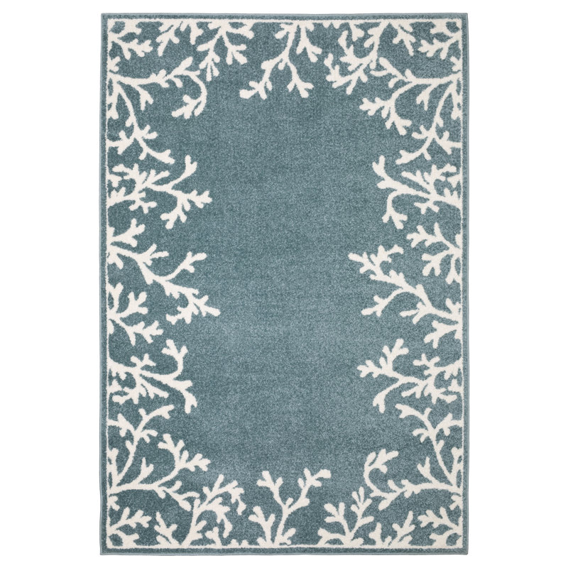 Tapis bleu / ivoire à bordure botanique Hennings, Tapis de couloir de 2 pi x 7 pi