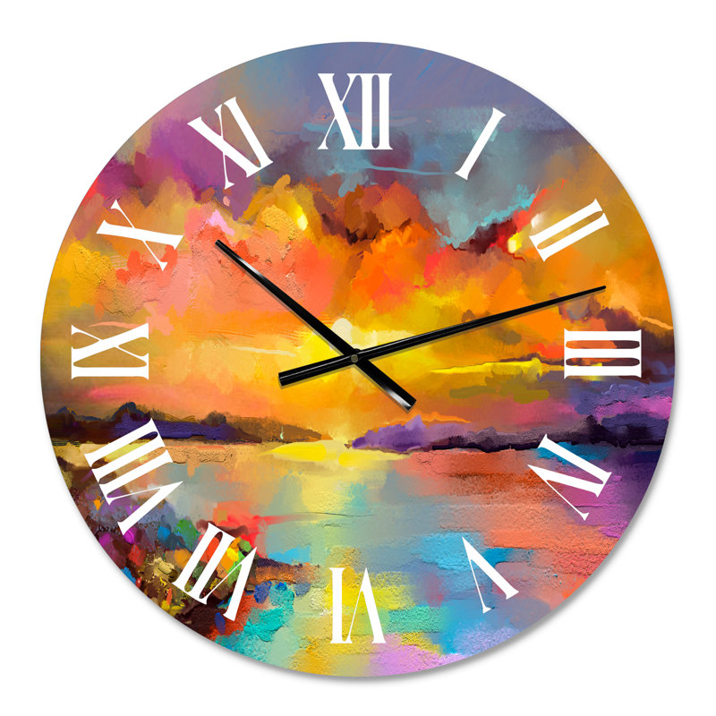 Peinture coucher de soleil avec reflets colorés I - horloge murale moderne, Petit