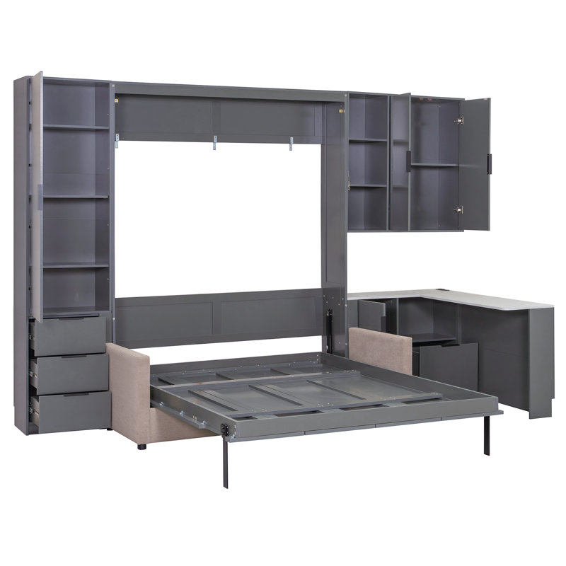 Grand lit escamotable mural avec rangement hydraulique, canapé, tablettes et tiroirs, éclairage DEL / USB, panneau gris foncé, canapé beige