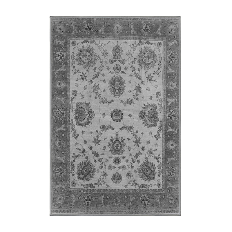 Tapis oriental gris en polyester / chenille tissé à la machine Oktavia, Rectangle 5 pi x 7 pi