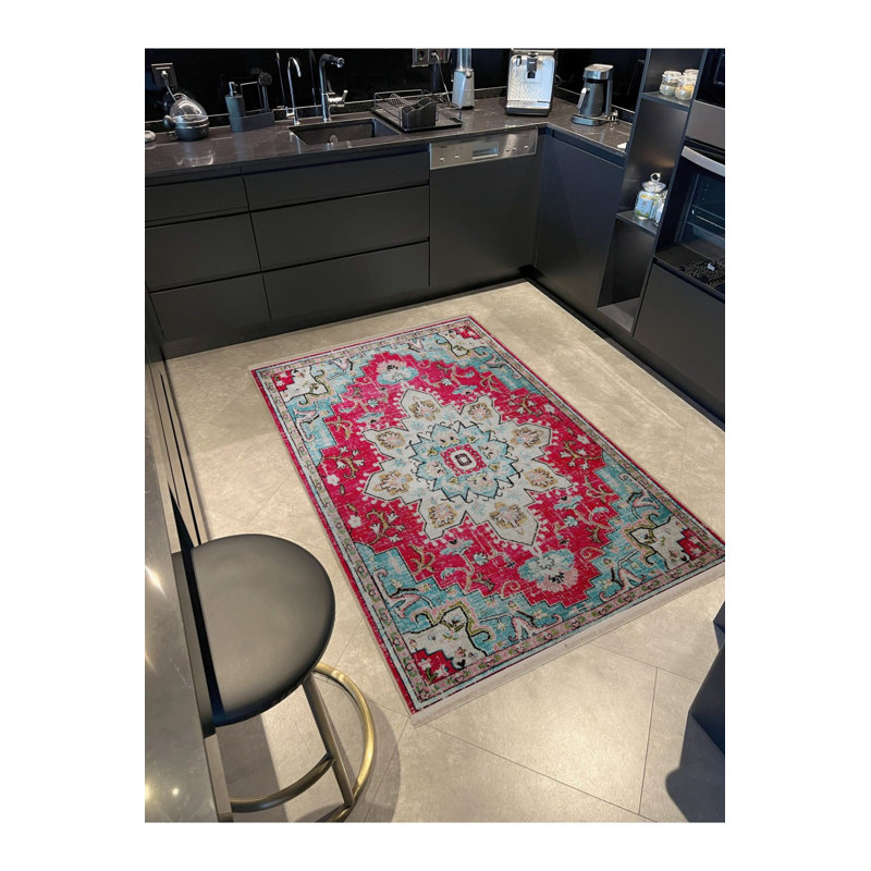 Tapis décoratif lavable à motif turquoise traditionnel, Tapis de couloir 3 pi 3 po x 9 pi 10 po