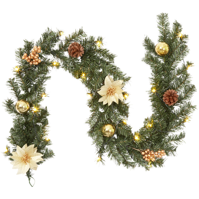 Guirlande de Noël pré-éclairée 6 pi avec 20 lumières DEL blanc chaud, verdure à piles avec pommes de pin, Doré