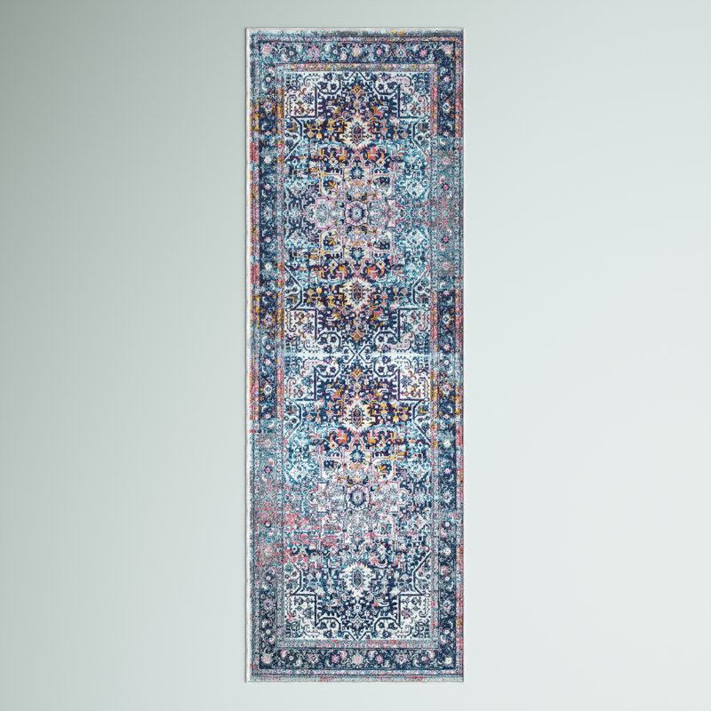 Misi Vintage Medallion Power Loom Blue Rug, Oval 6'7" x 9'