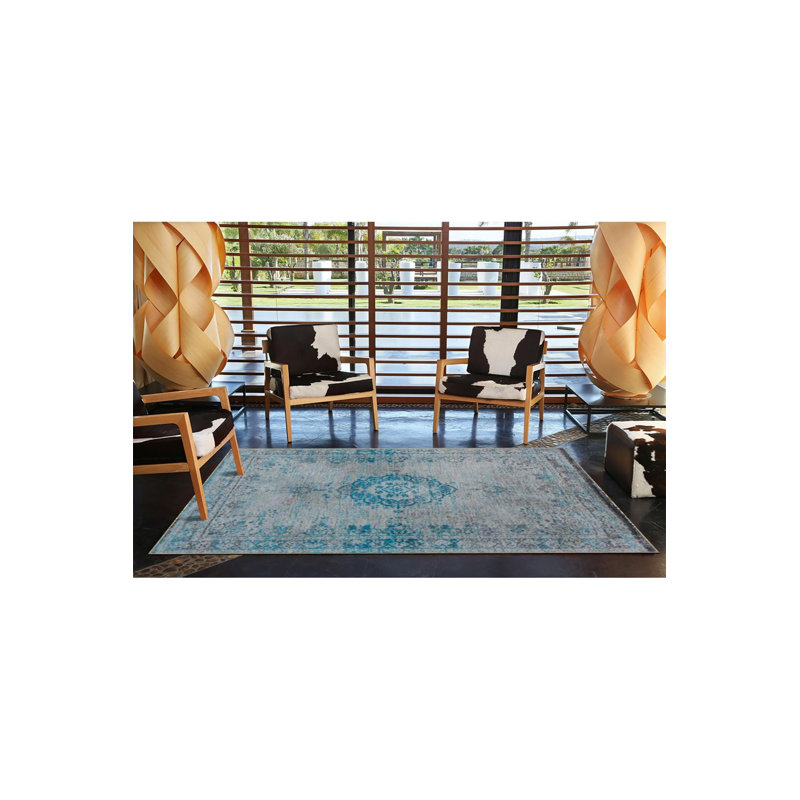 Tapis décoratif bleu lavable traditionnel, Tapis de couloir 4 pi 11 po x 9 pi 10 po inclus