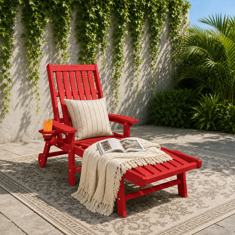 Dareona Outdoor HDPE Adjustable Reclining Chaise Lounge Chair With Wheels & Cup Holder, Red
