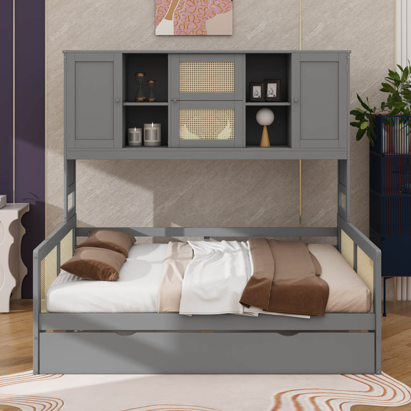 Lit de jour en bois peu encombrant, avec lit gigogne escamotable et compartiments de rangement modulaires, Gris