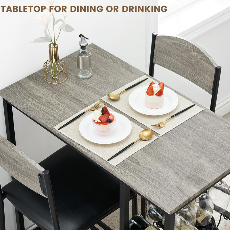 Bar Browndining Table Set For 2 With Storage Shelf And Wine Rack – Space-Saving Counter Height Table With Footrest And 2 Easy-To-Assemble Pu Leather Chairs In Brown