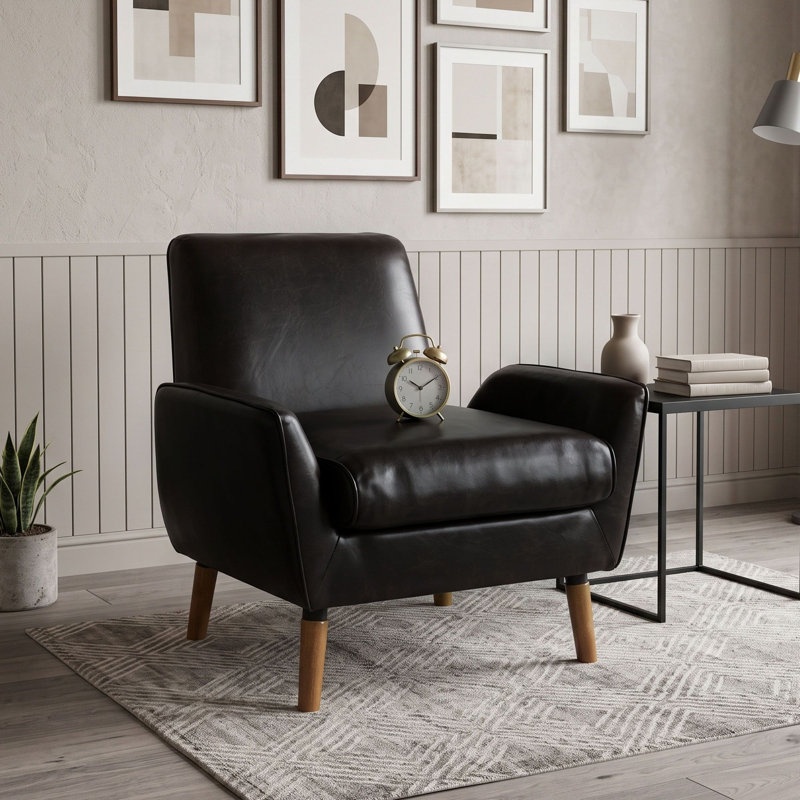 Fauteuil d'appoint rembourré avec accoudoirs arrondis et pieds en bois, PU Brown
