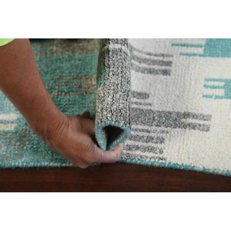 Tapis bleu noué à la main de conception unique 5 pi x 7 pi 10 po New Age