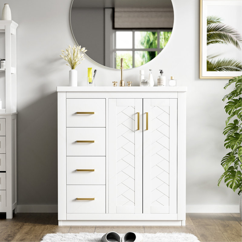 Ensemble de meuble-lavabo 30 po avec lavabo en céramique, armoire de rangement en bois massif, ensemble de meuble-lavabo autoportant avec 3 tiroirs et portes à fermeture douce