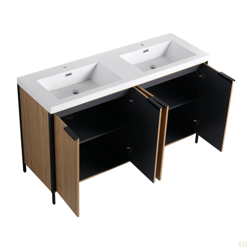 Meuble-lavabo autoportant de 60 po avec lavabo double en résine et 4 portes d'armoire à fermeture en douceur (emballage KD)