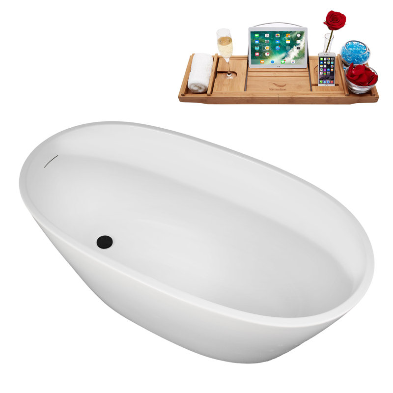 51" Streamline Soaking Freestanding Tub and Tray With Internal Drain, Matte Black