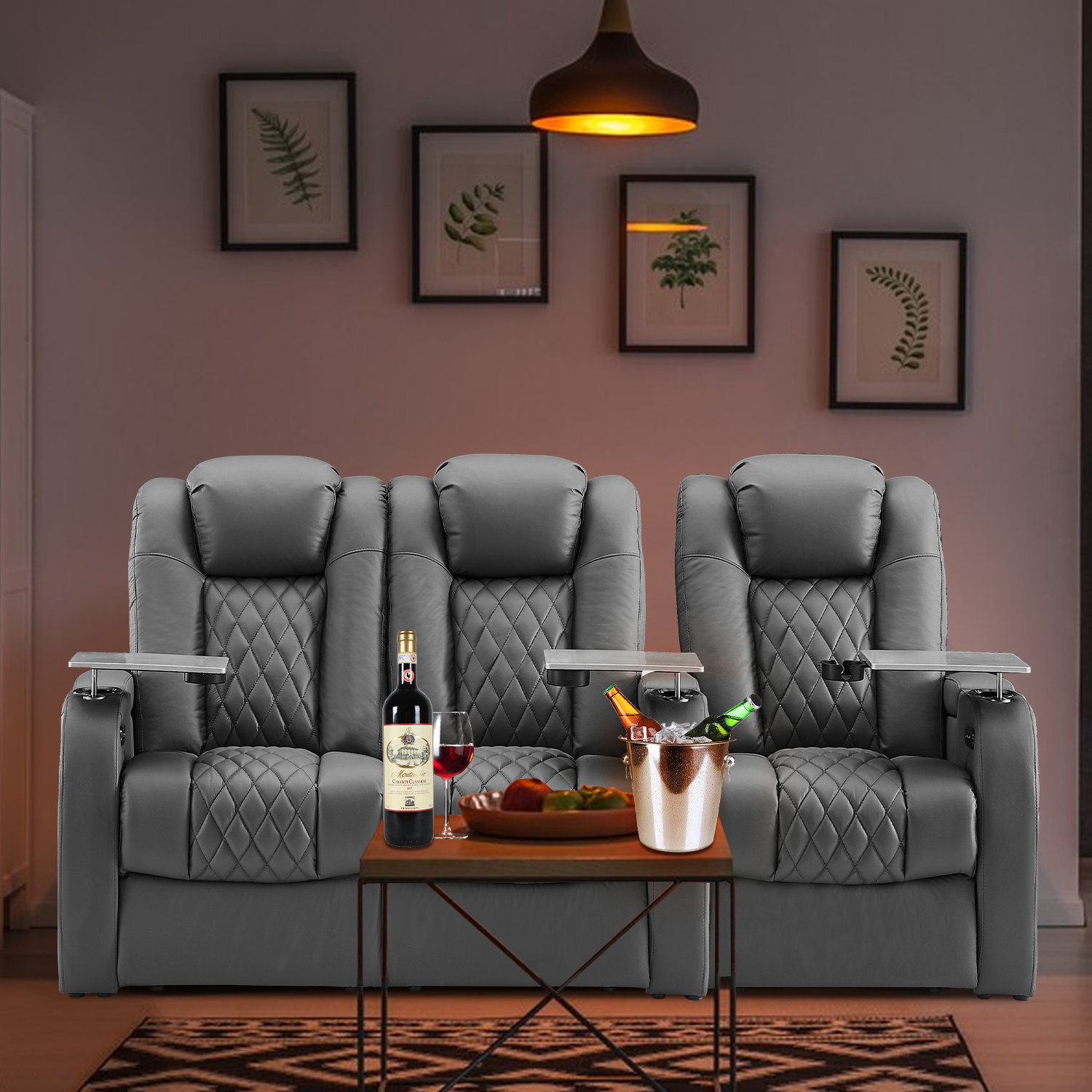 Latitude Run® Ahlanni Leather Home Theater Seating with Cup Holder ...