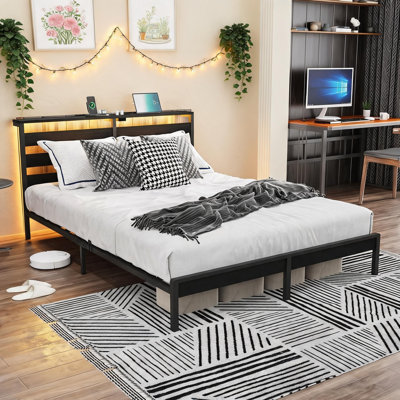 Black Full-Size Metal Bed Frame, Wooden Headboard And Footboard With USB And LED Lights, Ample Storage And Easy Assembly.