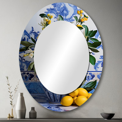 Greek Tiles Still Life Kitchen I - Miroir décoratif géométrique ovale sur métal