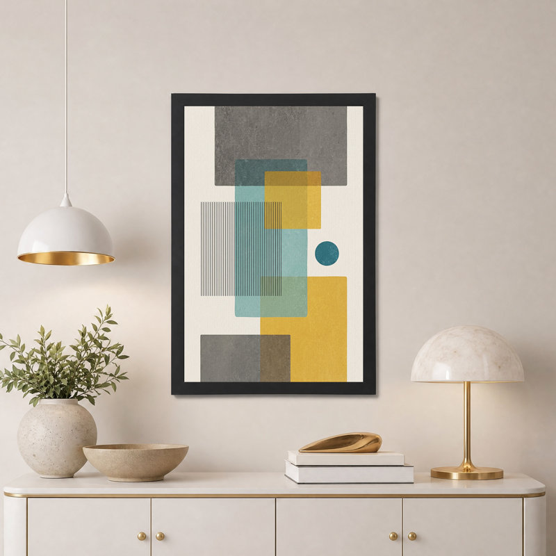 Formes géométriques abstraites sur toile jaune moutarde et turquoise, H 18 po x l 12 po