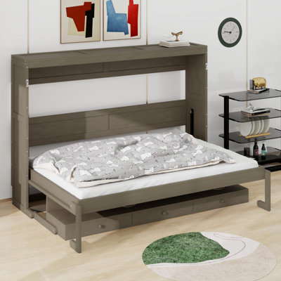 Lit escamotable avec rangement, armoire-lit pliable avec coiffeuse, miroir central et 2 tiroirs latéraux