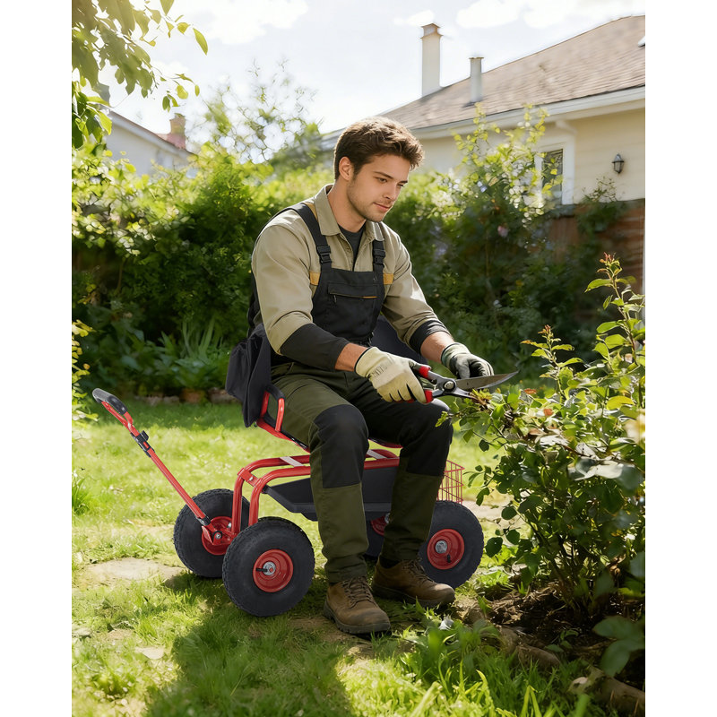 Siège de jardin roulant, tabouret de travail robuste, roues de 10 po, pivotant, réglable, avec plateau à outils, rouge, Rouge