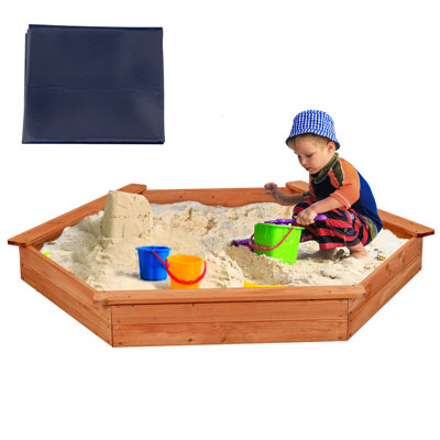 Gymax 73.2'' x 63.8'' Solid Wood Hexagon Sandbox with Cover