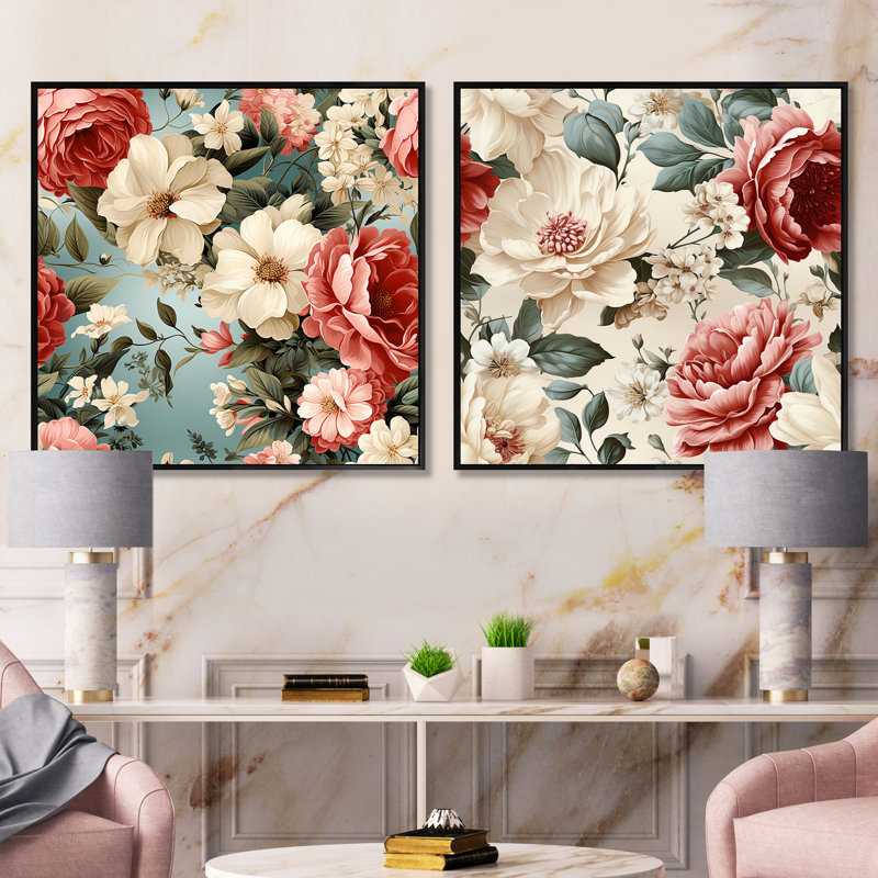 Ensemble de 2 pivoines roses et antiques, Cadre flottant noir, H 16 po x l 33 po