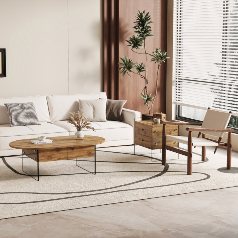 Table basse à deux tiroirs Cozy Natural Oval - Design multifonctionnel. Table basse à tiroirs doubles. La surface du panneau est un autocollant en panneau de fibres à densité moyenne et les deux côtés sont en verre trempé transparent.