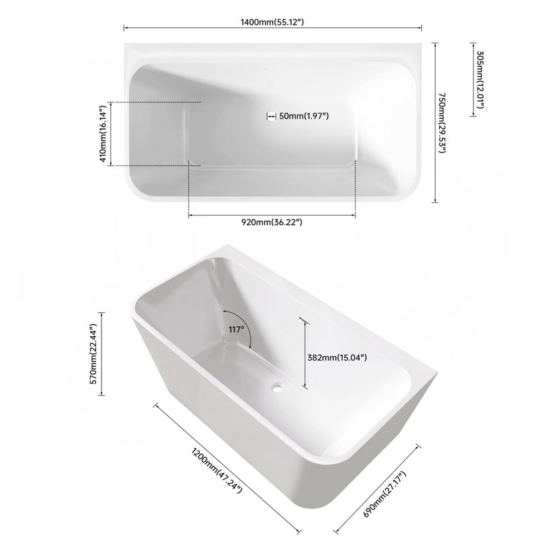 59" Stand Alone Tub Acrylic Rectangular Free Standing Soaking Bath Tub (White)