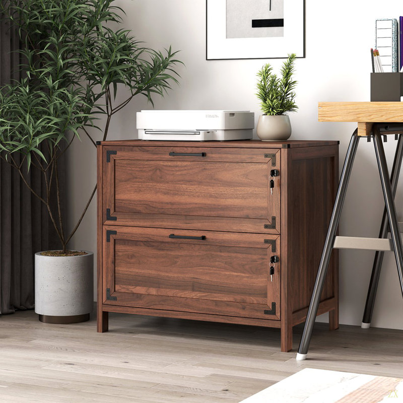 Classeur 2 tiroirs, classeur avec serrure pour bureau personnel, Noyer