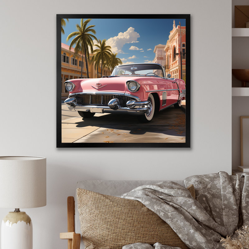 Voiture rétro classique rétro sur toile rose, Cadre simple noir, H 16 po x l 16 po x P 1 po