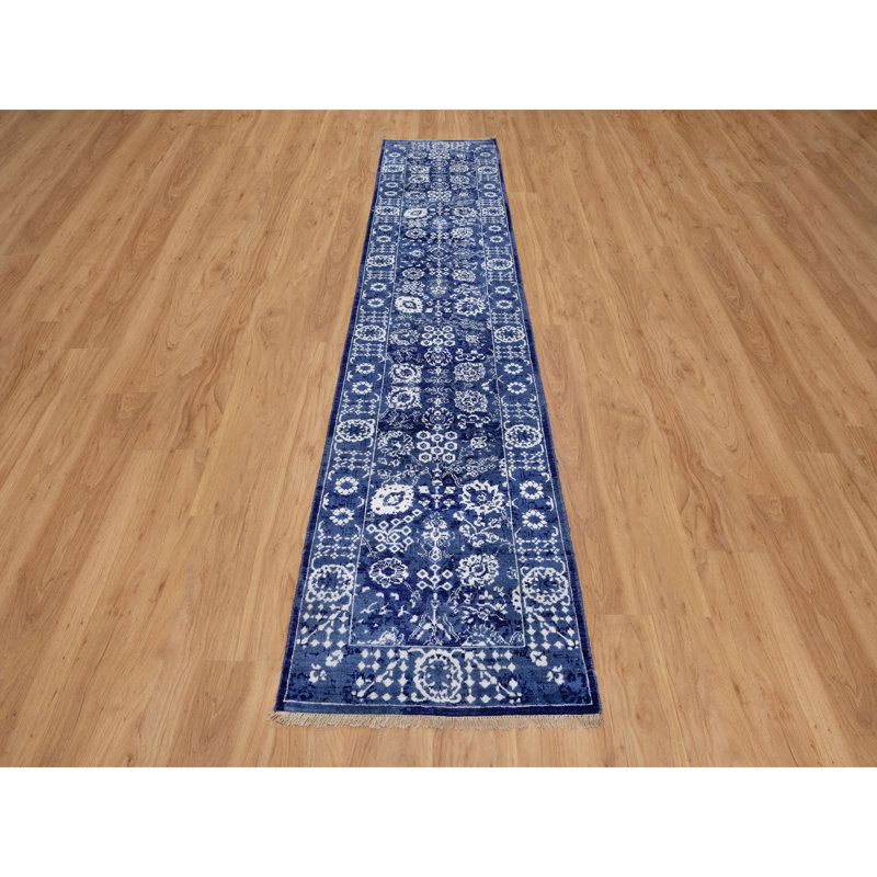 Tapis de couloir bleu en laine et soie noué à la main 2 pi 7 po x 11 pi 10 po 20AFD209186148E6ABC56F5F2887F1DC