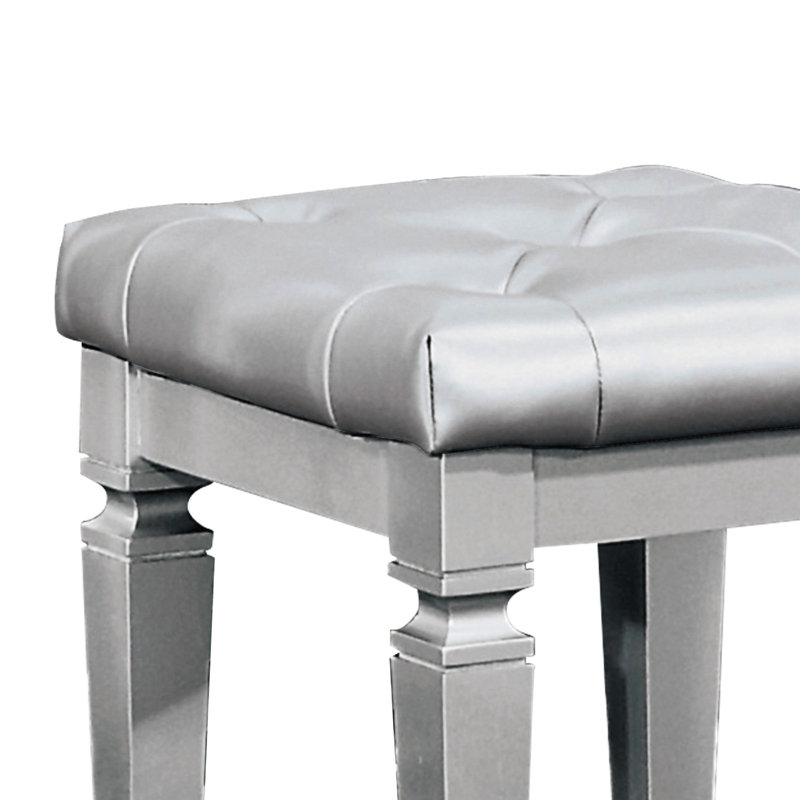 Silver Vanity Stool, Modern For Bedroom, Button - Faux Leather, Foam Cushion, 17"X19.07", Wood Frame Stool In Style 17"X17"X19.07",
