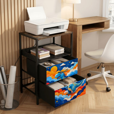 2 Drawers Nightstand with Charging Station, Bedroom Nightstand with USB Ports &amp; Outlets Open Shelf Black, night stand with Whimsical Blue Dinosaur Abstract Landscape Orange Blue Hills Print