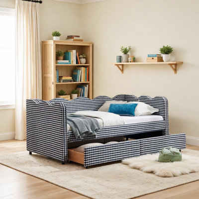 Twin Size Cozy Gingham Daybed with Two Storage Drawers, with USB Port and Adorable Wave Shaped, Linen Fabric