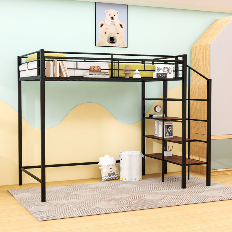 Lit mezzanine simple en métal avec escalier multifonctionnel et tablette de rangement supérieure, Black