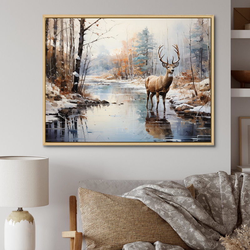 Cerf hiver sérénade - art mural grand cerf, Cadre flottant érable, H 34 po x l 44 po x P 1,5 po