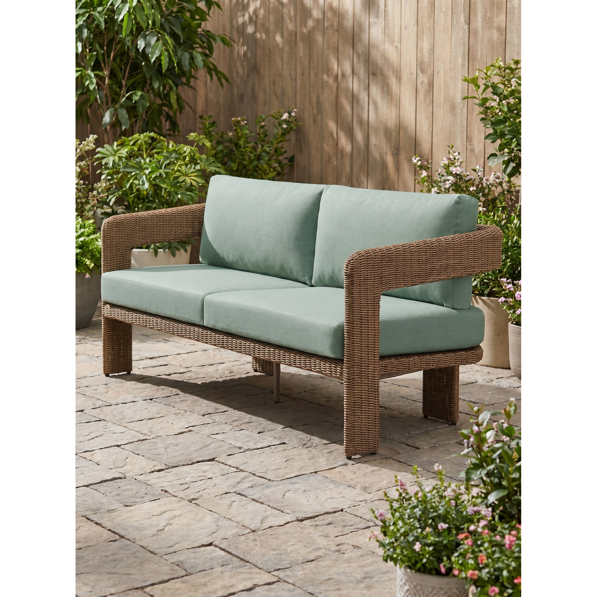 Amber 82" Outdoor Wicker Patio Sofa with Sunbrella Cushions, Canvas Spa