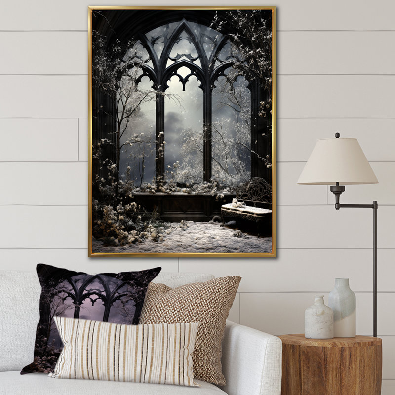 «Midnight Gothic Winter Window View III - Winter Landscape», art mural, Cadre flottant doré, H 40 po x l 30 po x P 1,5 po