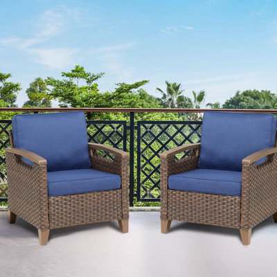 Chaise longue brune avec coussins bleus, demi-cercle incurvé, base ovale creuse, utilisation toutes saisons, sangles élastiques pour le porche de 2 chaises de patio ergonomiques tissées à la main, balcon en acier renforcé