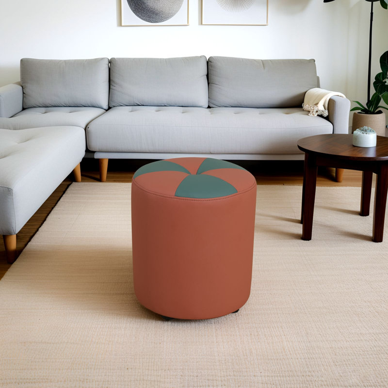 Upholstered Living Room Rounded Ottoman And Stool, Orange/Green Faux Leather