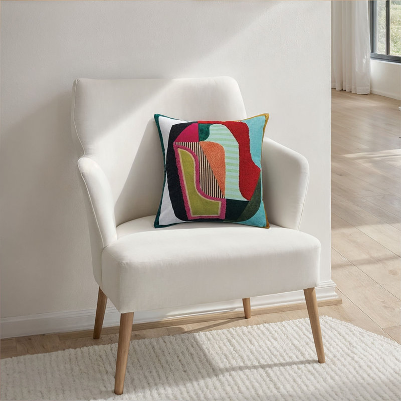Coussin carré en velours de coton à motif abstrait, capitonné et à rayures, Rouge / bleu / orange géométrique