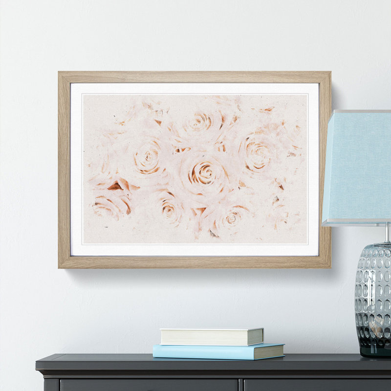 Wall Of Pink Roses Watercolour - Picture Frame Graphic Art, Oak, 35cm H x 50cm W x 2cm D