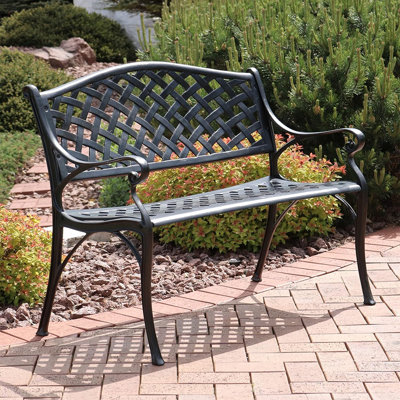 Banc d'extérieur pour patio ou parc - Banc de jardin en métal pour l'extérieur - Porche ou siège de jardin pour deux - Noir