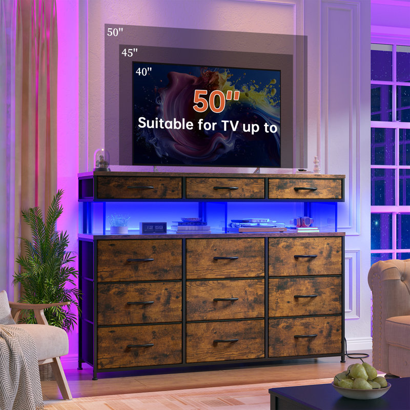Dresser For Bedroom With 12 Drawers, Dressers With Led Light, Charging Station And Acrylic Sheet, Brown