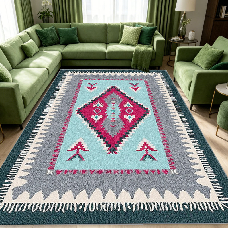 Teal Pink Fringe Rug   area rugs for Living Room, Soft and Comfortable, Suitable for all seasons, easy to maintain, machine washable Indoor floor mat, Under Table Farmhouse suitable for Bedroom, Dining Room, Study,  Balcony, Home Decor Patio