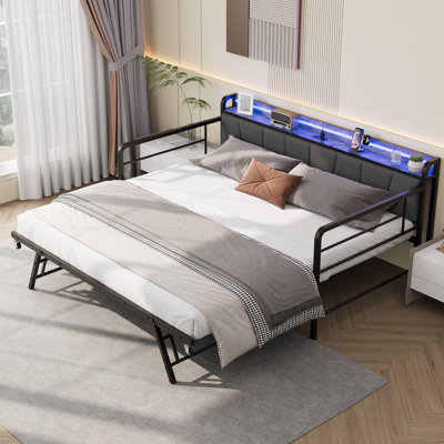 Lit de jour simple avec lit gigogne - Structure en métal avec lumière DEL, station de charge, tête de lit tapissier en lin - Lit d'invité robuste pour chambre à coucher, salon