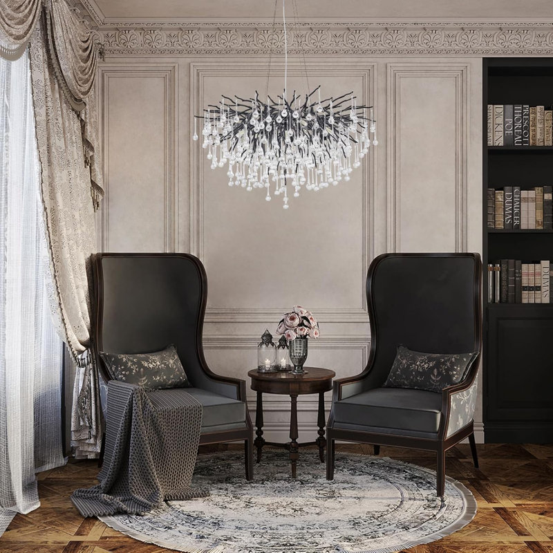 Lustre moderne en cristal 23,6 pouces avec cadre noir pour les salles à manger, les salons et les chambres, Noir, 8