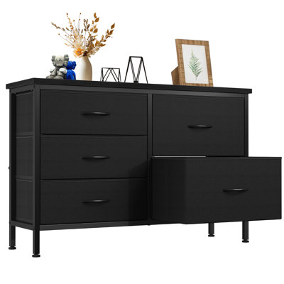 Fabric Drawer Dresser with Wood Top, 39.4’’ W Dresser with 5 Drawers, Storage Organizer, Chest of Drawers